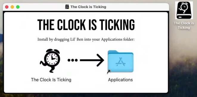 the disk image for The Clock Is Ticking, mounted on the desktop and with the installation window open on macOS